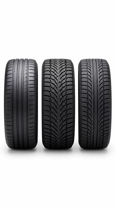 Different types of tires (summer, winter, all-season) arranged for comparison