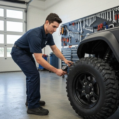 Automobile technician checking tire pressure with a gauge