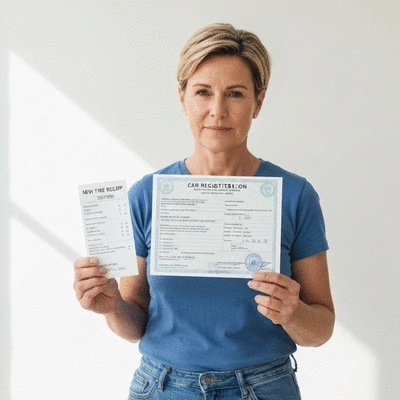 Person holding car registration document and new tire receipt
