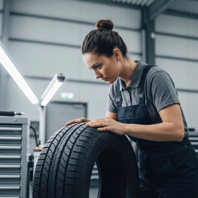 Technician inspecting a tire for quality in a workshop