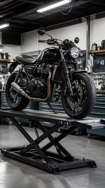 Motorcycle on a lift in a professional workshop, with various tools and equipment