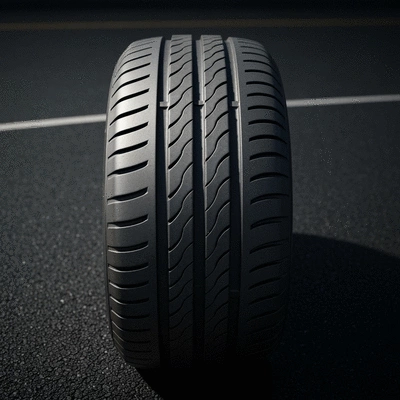 Close-up of a modern car tire with clear tread pattern on a dark asphalt road
