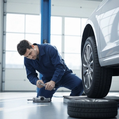 Mécanicien automobile inspectant un pneu de voiture dans un garage moderne