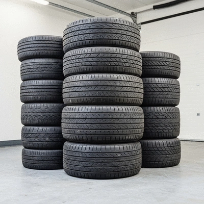 Stack of various used tires in a professional garage setting, clean and organized
