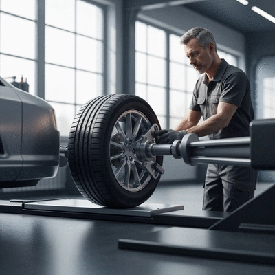 Mechanic balancing a car tire with professional equipment in a garage