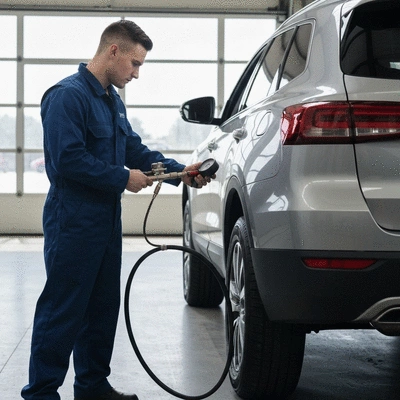 Mechanic performing tire pressure check with a gauge