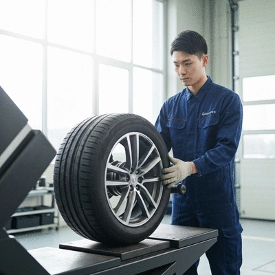 Technician balancing a car tire on a machine in a clean garage environment, no text, no words, no typography, clean image