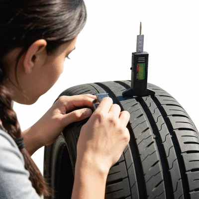 Personne mesurant la profondeur de sculpture d'un pneu avec une jauge