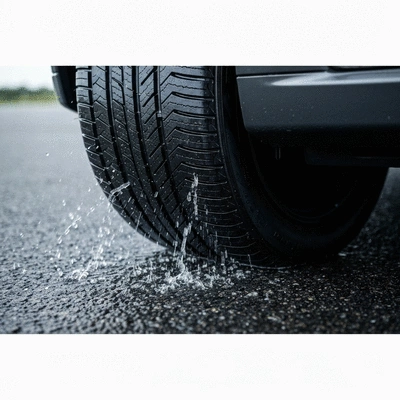 Close-up of a car tire tread on a wet road, showing good grip