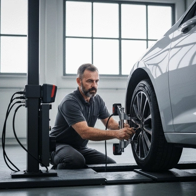 Mechanic adjusting car wheel alignment with specialized equipment