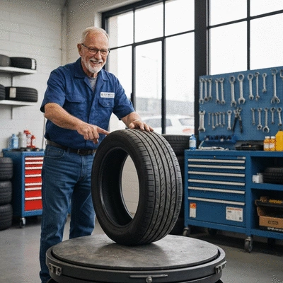 Expert explaining tire wear to a customer, clean image