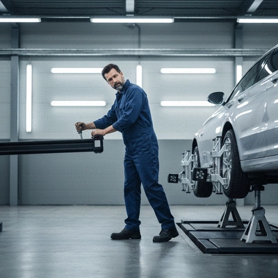 Mechanic adjusting car wheel alignment with specialized equipment