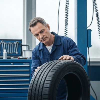 Person inspecting a car tire, highlighting the importance of proper tire choice for warranty, no text, no words, no typography, clean image