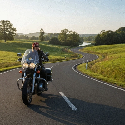 Motorcycle rider on a scenic road, showcasing touring tires