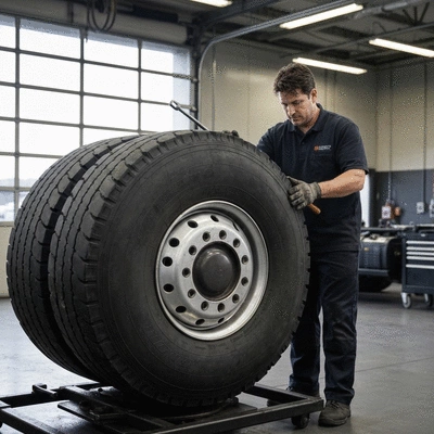 Heavy duty truck tire being mounted by technician