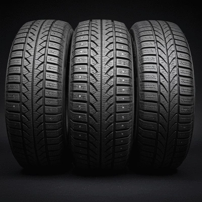 Close-up of three different tire types (summer, winter, all-season) arranged side-by-side on a clean, light-colored background, showcasing distinct tread patterns and rubber compositions.