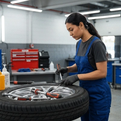 Un technicien automobile utilisant un kit de réparation de pneus pour réparer une crevaison sur un pneu de voiture, avec des outils spécialisés