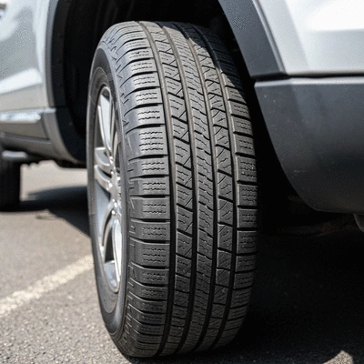 Close-up of a well-maintained tire on a car, showing good tread depth and no visible damage, illustrating reliability, no text, no words, no typography, 8K