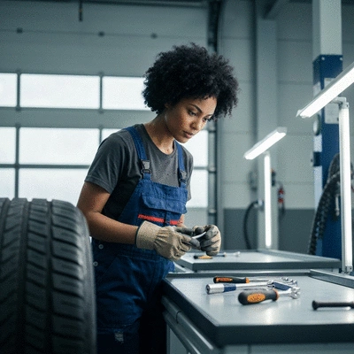 Mechanic working on car tire in a modern garage, clean image