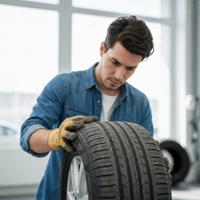 Person inspecting a used car tire for wear and damage