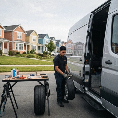 Mobile tire repair service van with tools at customer's location