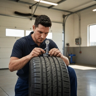 A professional mechanic inspecting a used tire's tread depth with a gauge, focusing on safety and recommendations