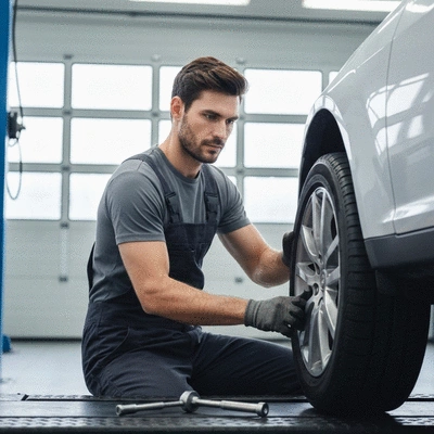 Professional mechanic replacing car tire safely