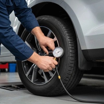 Person using a tire pressure gauge on a car tire, showing proper maintenance