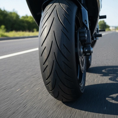 Close-up of a high-performance motorcycle tire on asphalt