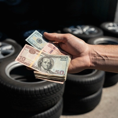 Hand showing a stack of money against a background of car tires