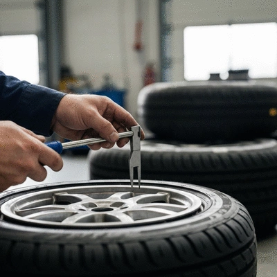Un technicien automobile inspectant la profondeur de sculpture d'un pneu d'occasion avec une jauge, dans un garage bien éclairé.