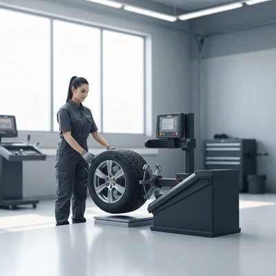 Mechanic balancing a car tire with precision equipment in a garage, no text, no words, no typography, clean image