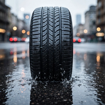Close-up of a car tire tread on a wet road