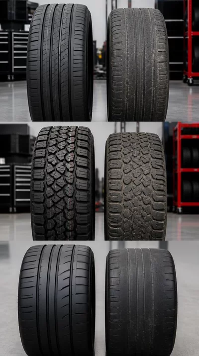 Different types of tires (new and used) side-by-side for comparison, in a clean, professional tire shop environment, no text, no words, no typography, 8K