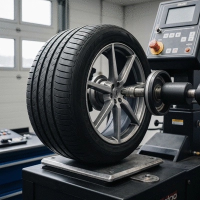 Close-up of a tire being balanced on a balancing machine in a garage setting