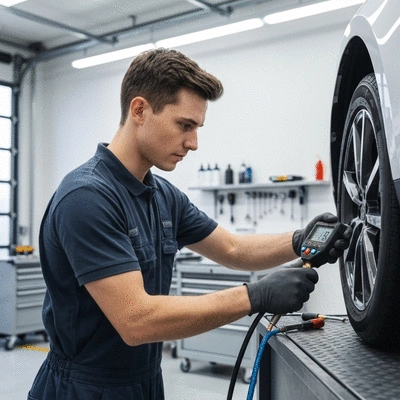 Mechanic adjusting tire pressure with gauge, focus on safety