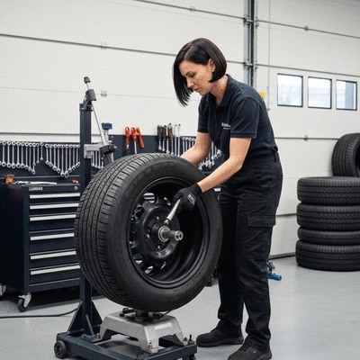 Professional technician changing a Run Flat tire in a modern garage