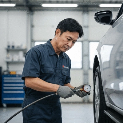 Un professionnel de l'entretien automobile vérifiant la pression d'un pneu avec un manomètre, mettant en évidence l'importance de l'entretien régulier des pneus