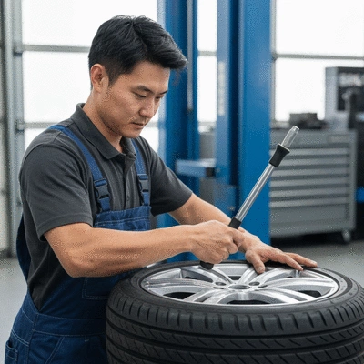 Professional mechanic using specialized tools to mount a new tire on a car wheel