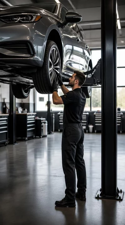 Car on a hydraulic lift undergoing tire inspection at a modern garage