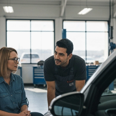 Client discutant avec un mécanicien automobile dans un garage propre et moderne
