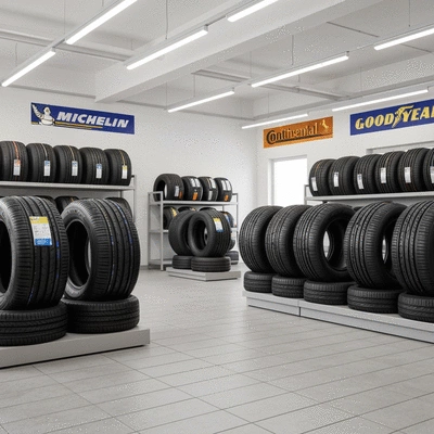 Assortment of various tire brands (Michelin, Continental, Goodyear) displayed neatly in a tire shop, clean and well-lit environment, no text, no words, no typography, 8K