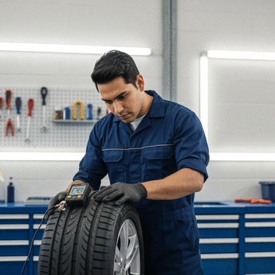 Mechanic inspecting a car tire with a pressure gauge in a clean garage environment, emphasizing safety and maintenance.