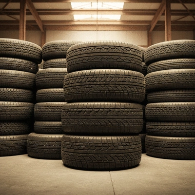 Pneus d'occasion empilés dans un entrepôt propre