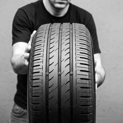 Person holding a car tire with a focus on tread and sidewall