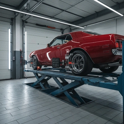 Car on a hydraulic lift undergoing wheel alignment check
