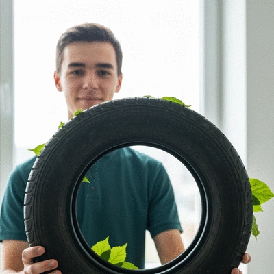 Person holding a used tire with green leaves symbolizing eco-friendly choice