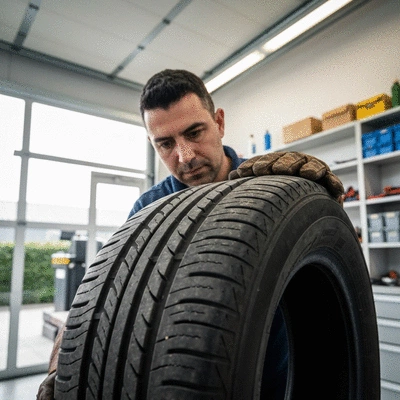 Person inspecting a used tire for wear and quality in a garage setting