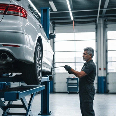 Car on a lift with tires being rotated