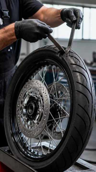 Moto tire specialist working on a motorcycle wheel, close-up on hands and tools